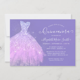 Eleganter Lila Silberner Glitzer Kleid Quinceanera Einladung
