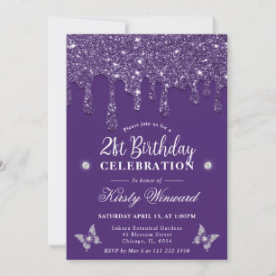 Eleganter lila tropfenglänzender 21. Geburtstag Einladung
