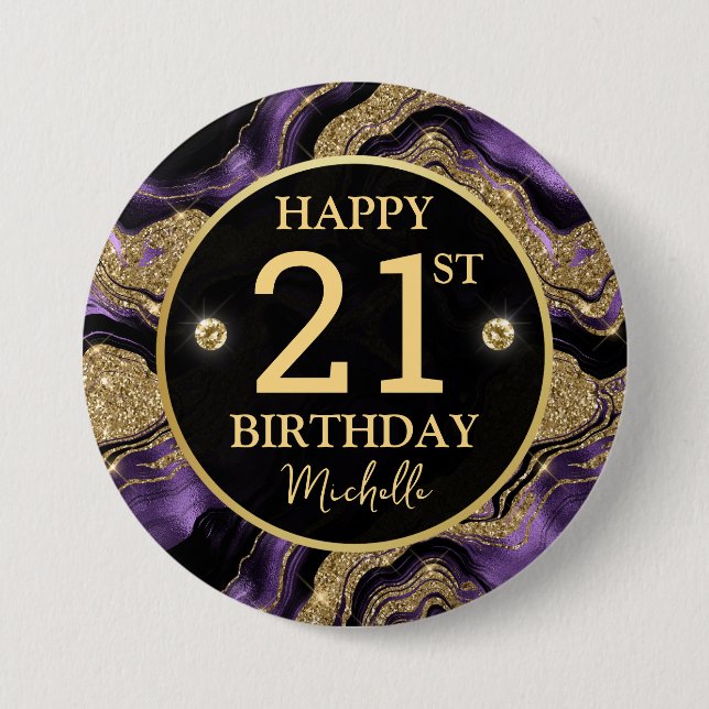 Eleganter Lila und Gold Glitzer Agate Birthday Button (Vorderseite)