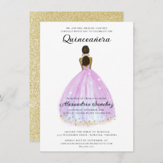 Eleganter Lila und Gold Glitzer Quinceanera Einladung