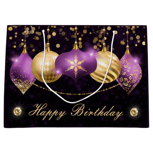 Eleganter Lila und goldener Winter Baubles Geburts Große Geschenktüte (Vorderseite)