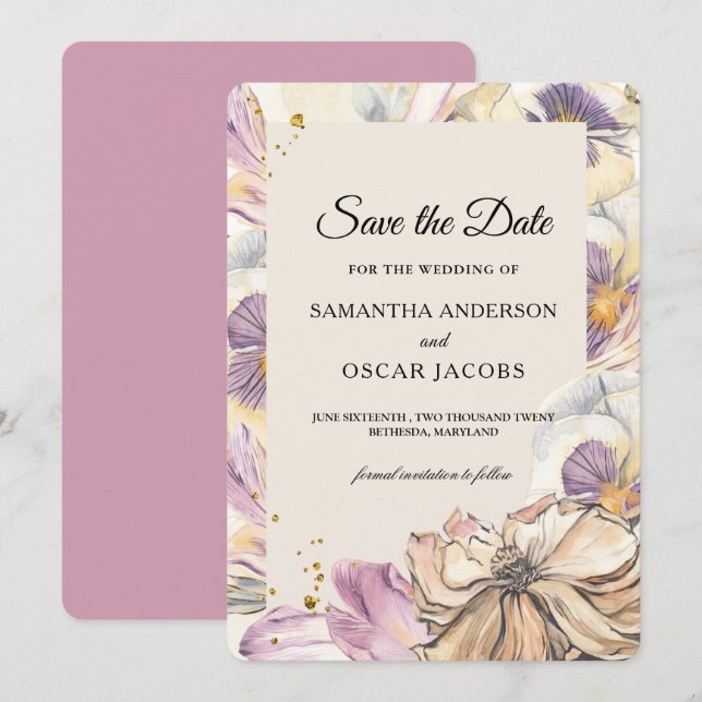 Eleganter Lila- und Pansy-Aquarell Save The Date (Vorne/Hinten)
