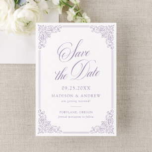 Eleganter lila verzierter Rahmen Vintage-Hochzeit Save The Date