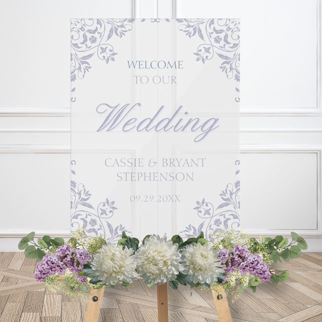 Eleganter Lila Vintager Rahmen Hochzeitsempfang Acrylschild (Elegant purple acrylic transparent welcome sign for vintage formal regency era wedding reception)