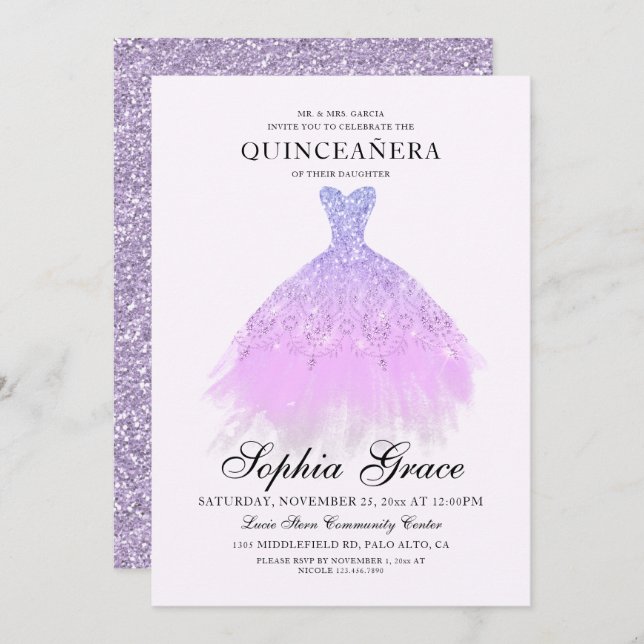 Eleganter Lila Violet Glitzer Quinceañera Einladung (Vorne/Hinten)