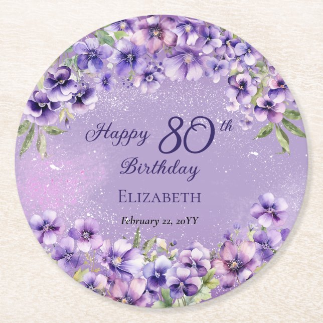 Eleganter Lila Violets floraler Happy 80. Geburtst Runder Pappuntersetzer (Vorderseite)