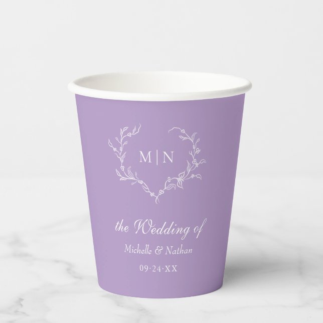 Eleganter Lila Wedding Monogram Kranz Pappbecher (Vorderseite)