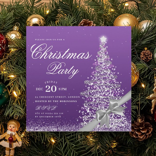 Eleganter lila Weihnachtsbaum-Bogen im Winter  Einladung (Elegant Purple Winter Christmas Tree Bow Invitation)