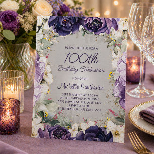 Eleganter Lila weißer Glitzer, 100. Geburtstag Einladung