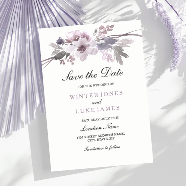 Eleganter Lila Winter Floral Save the Date einlade (Von Creator hochgeladen)