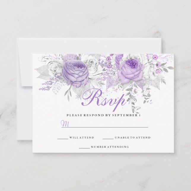 Eleganter Lila Winter Floral Wedding RSVP (Vorderseite)