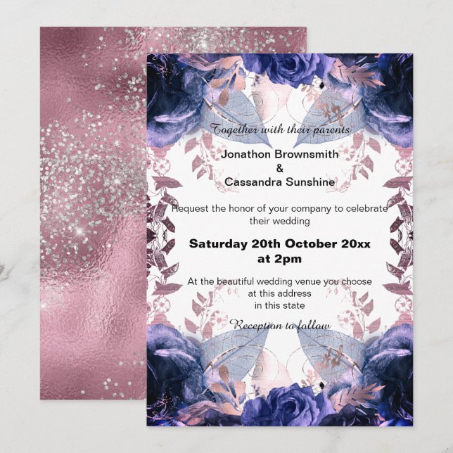 ELEGANTER LILAC GLITZER FLORARAL NAVY WEDY EINLADUNG (Vorne/Hinten)