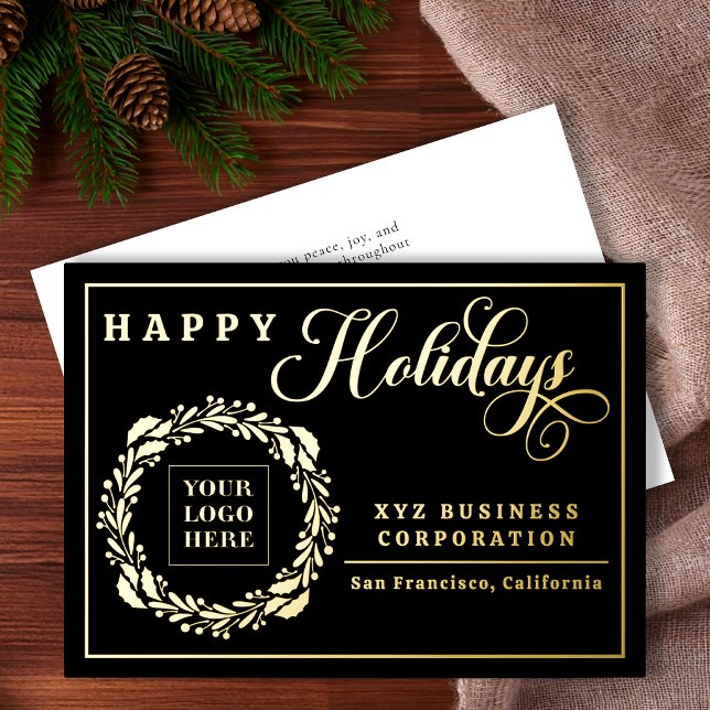 Eleganter Logo-Kranz Frohe Feiertage Geschäft (Elegant Logo Wreath Happy Holidays Business Foil Black Holiday Card)