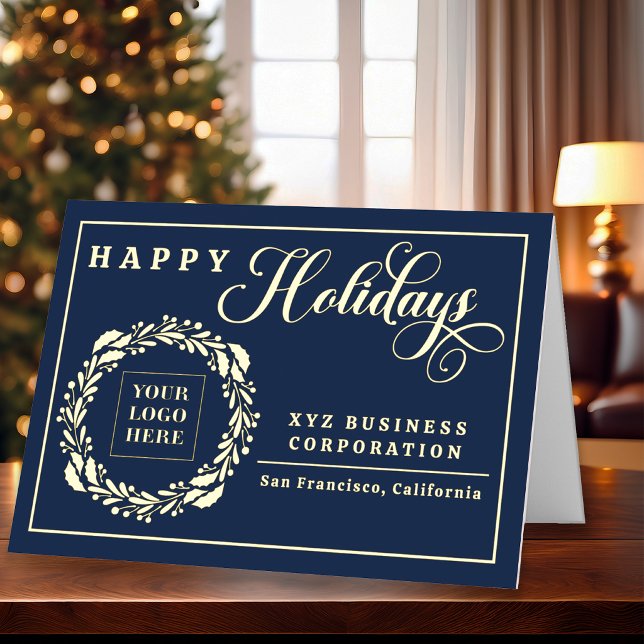 Eleganter Logo-Kranz Frohe Feiertage Geschäft (Elegant navy and gold foil logo wreath business holiday card with custom company branding.)