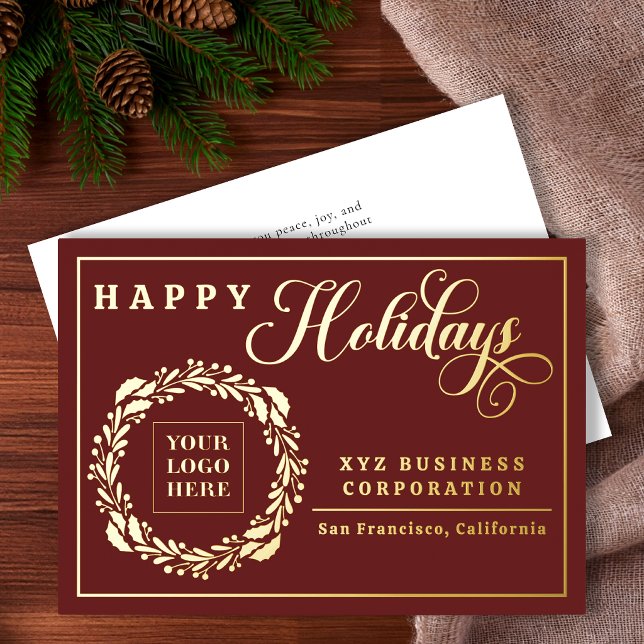 Eleganter Logo-Kranz Frohe Feiertage Geschäftlich (Elegant Logo Wreath Happy Holidays Business Foil Burgundy Holiday Card)