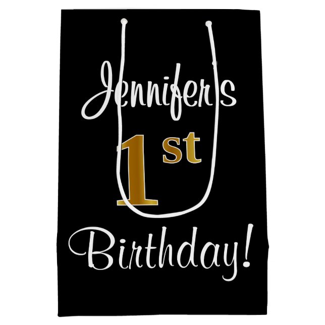 Eleganter, luxuriöser Imitat Gold Look 1. Geburtst Mittlere Geschenktüte (Rückseite)