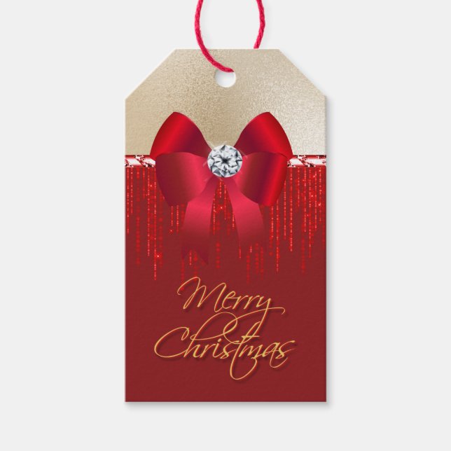 Eleganter luxuriöser Roter Satin-Bogen auf goldene Geschenkanhänger (Vorderseite)