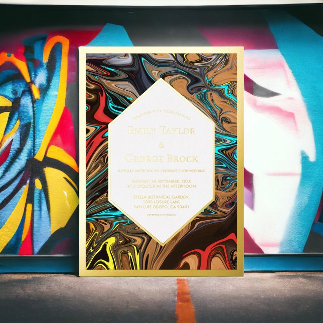 Eleganter Luxus Abstrakte Kunst Hochzeit Gold Folieneinladung (Von Creator hochgeladen)