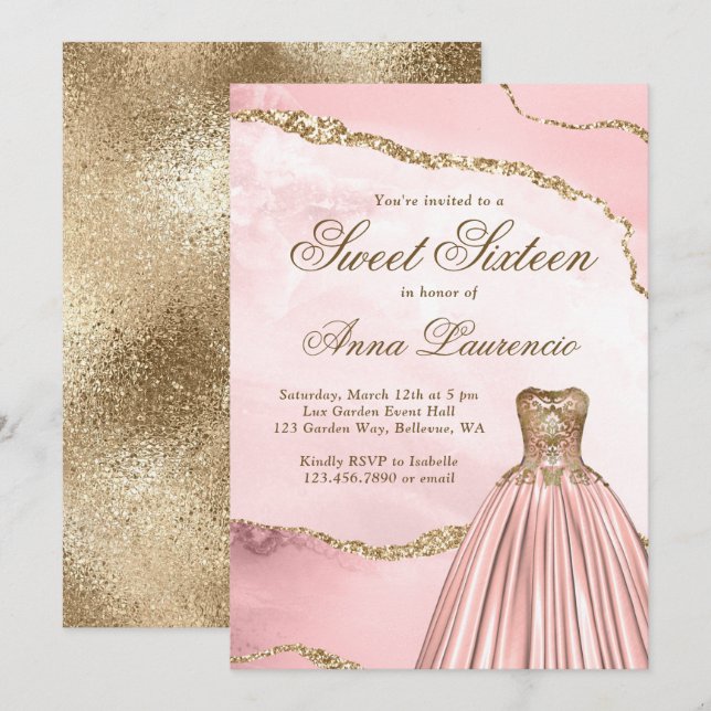 Eleganter Luxus Blush Pink Gold Marmor Sweet 16 Einladung (Vorne/Hinten)