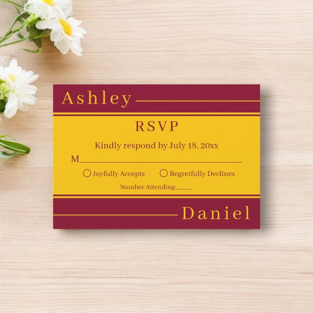 Eleganter Luxus Burgund und Gold Streifen Hochzeit RSVP Karte (Von Creator hochgeladen)