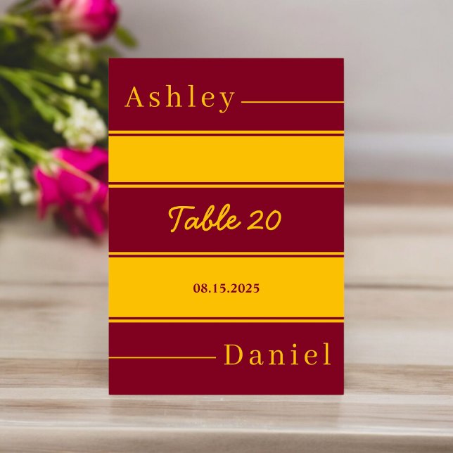 Eleganter Luxus Burgund und Gold Streifen Hochzeit Tischnummer (Von Creator hochgeladen)