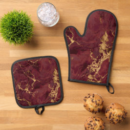 Eleganter Luxus Burgunderrot Gold Marmor Ofenhandschuh & Topflappen-Set