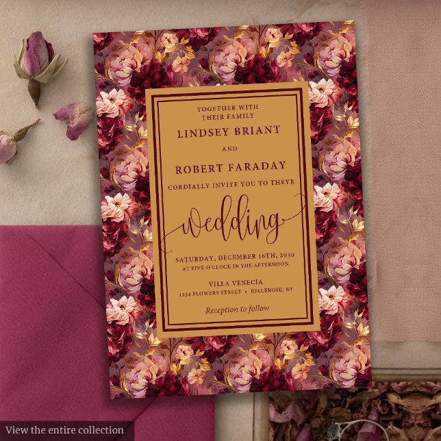 Eleganter Luxus Burgundy Gold Floral Wedding Einla Einladung (Elegant Luxury Burgundy Gold Floral Wedding Invitation)
