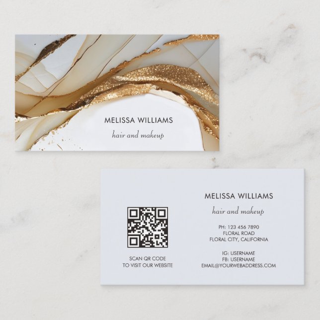 Eleganter Luxus Gold 3D Abstract | QR-Code Visitenkarte (Vorne/Hinten)