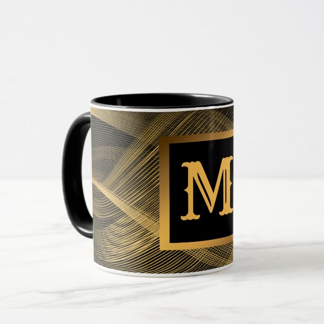 Eleganter Luxus Gold Black Wave Mit Monogramm Tasse (Vorderseite Links)