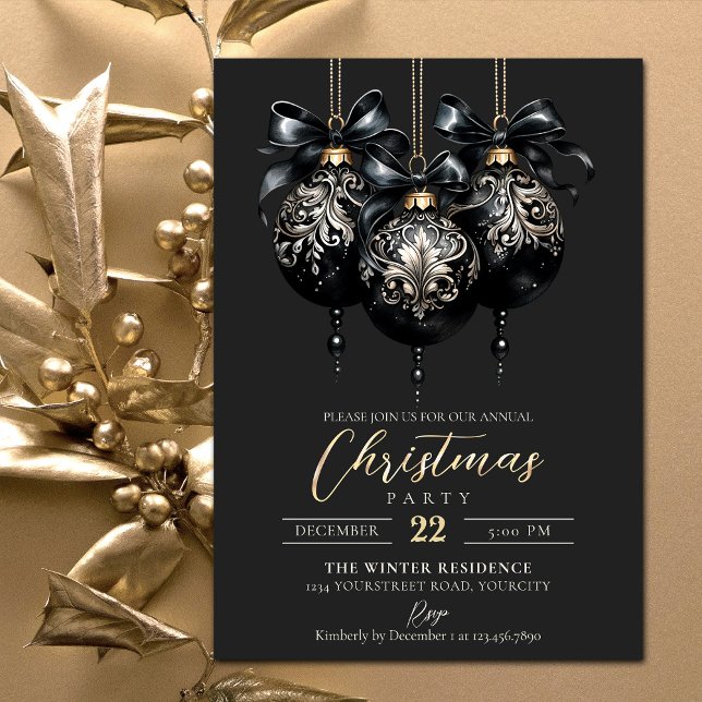 Eleganter Luxus in schwarz und gold baubles Weihna Einladung (Gold and black luxury Christmas invitation with ornate Christmas baubles)