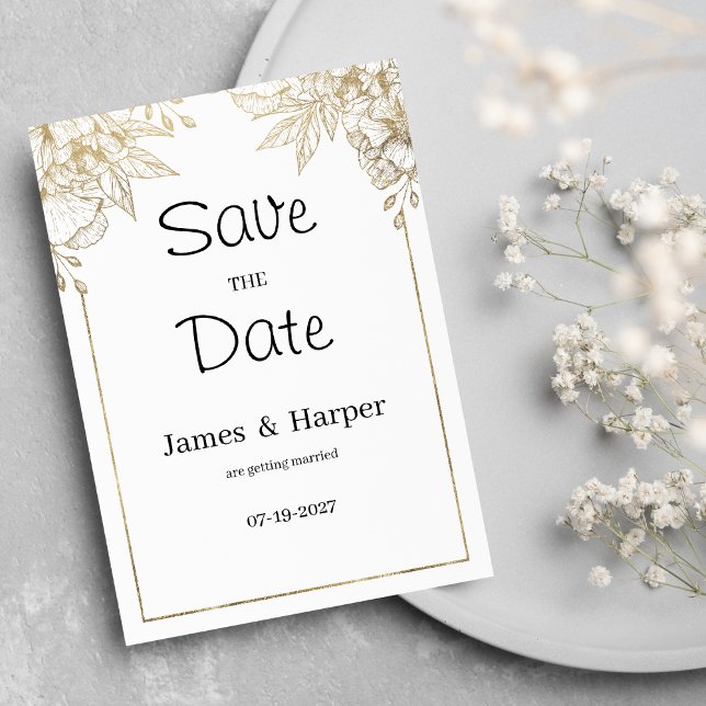 Eleganter Luxus mit Blumen in Weiß und Gold Save t Einladung (Elegant luxury white and gold floral Save the Date)