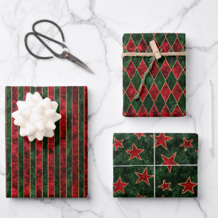 Eleganter Luxus Vintag Red Green Christmas Velvet Geschenkpapier Set