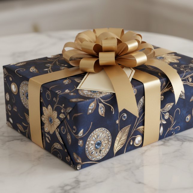 Eleganter Luxus-Vintage-Blumen Geschenkpapier Set (vintage elegant luxury navy gold pearl floral wrapping paper for all occasions)
