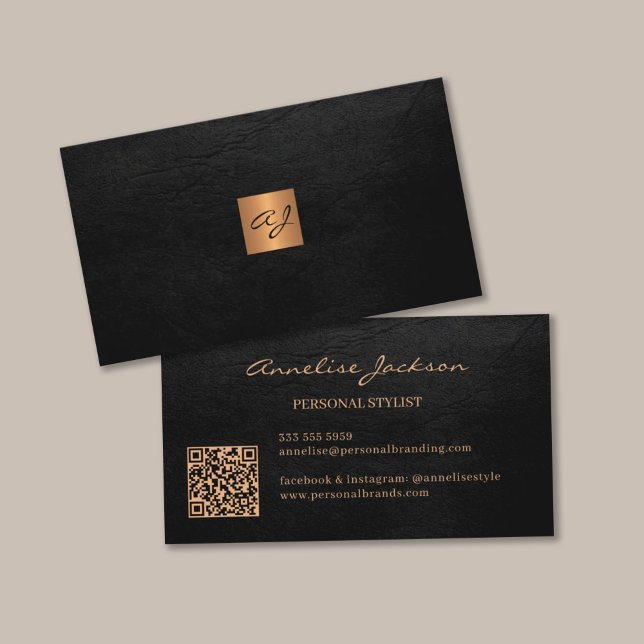 Eleganter Luxusgold-Monogramm QR-Code Visitenkarte (The leather is PRINTED, IT IS NOT REAL LEATHER)