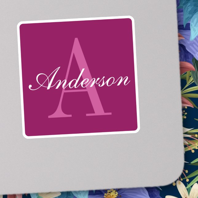 Eleganter Magenta Rot, Rosa und Weiß Name & Monogr Aufkleber (Von Creator hochgeladen)