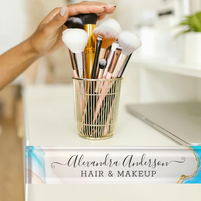 Eleganter Marble Blue und White Agate Gold Glitzer Namensplakette (Elegant Marble Blue and White Agate Gold Glitter Desk Name Plate)