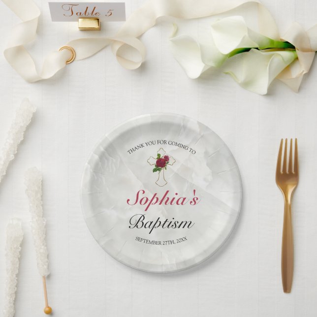 Eleganter Marble Gold Baby Taufen Empfang Pappteller (Hochzeit)