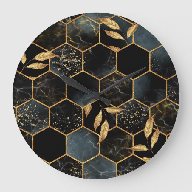 Eleganter Marmor & Gold: Abstrakte Hexagon-Textur Große Wanduhr (Vorderseite)