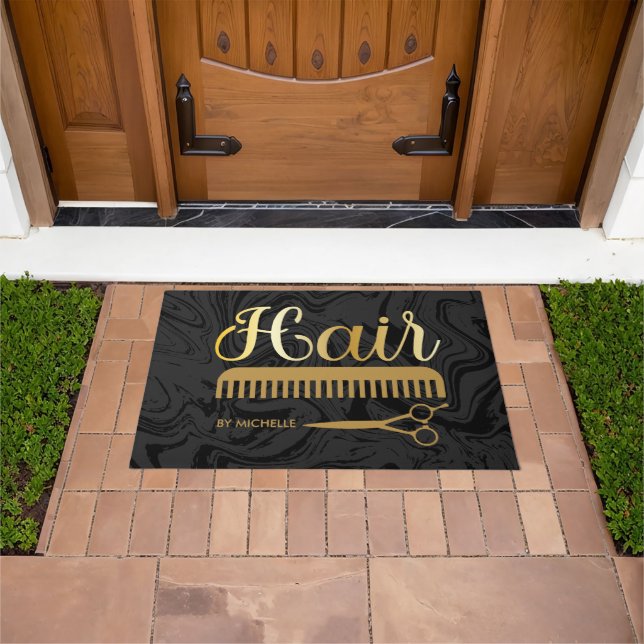 Eleganter Marmor Schwarzes Gold Friseursalon Name Fußmatte (Außenbereich)