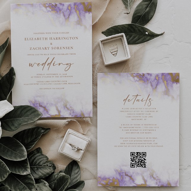 Eleganter Marmorlavender Gold QR Code Hochzeit Einladung (Von Creator hochgeladen)
