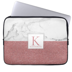 Eleganter Marmorrosa Glitzer Girly Monogram Laptopschutzhülle