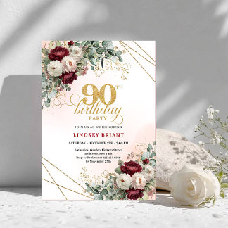 Eleganter Marsala-Blumen-Goldrahmen 90. Geburtstag Einladung