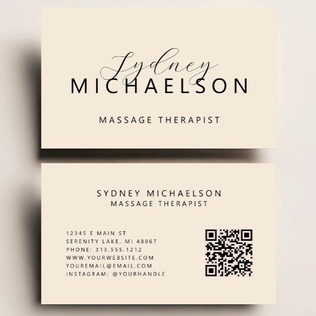 Eleganter Massagetherapeut QR Code Neutral Beige Visitenkarte (Von Creator hochgeladen)