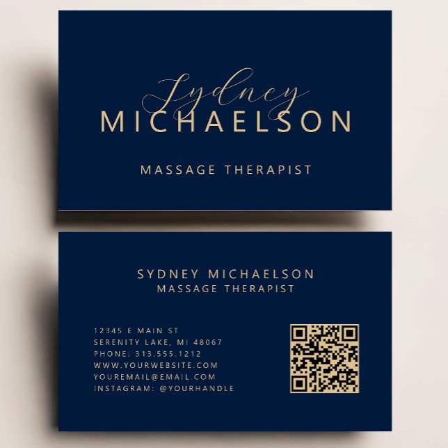 Eleganter Masseur QR Code Navy Blau Gold Visitenkarte (Von Creator hochgeladen)