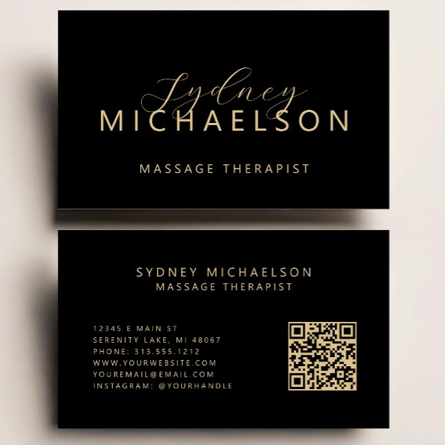 Eleganter Masseur QR Code Schwarz Gold Visitenkarte (Von Creator hochgeladen)