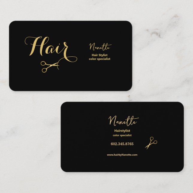 Eleganter Master-Haarstylist Black and Gold Visitenkarte (Vorne/Hinten)