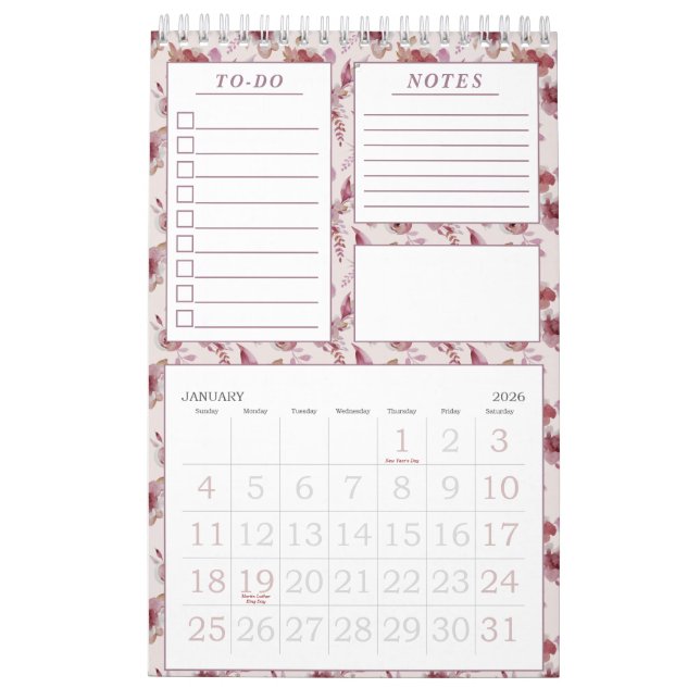 Eleganter Mauve Pink Blumenmuster Monatsplaner Kalender (Jan 2026)
