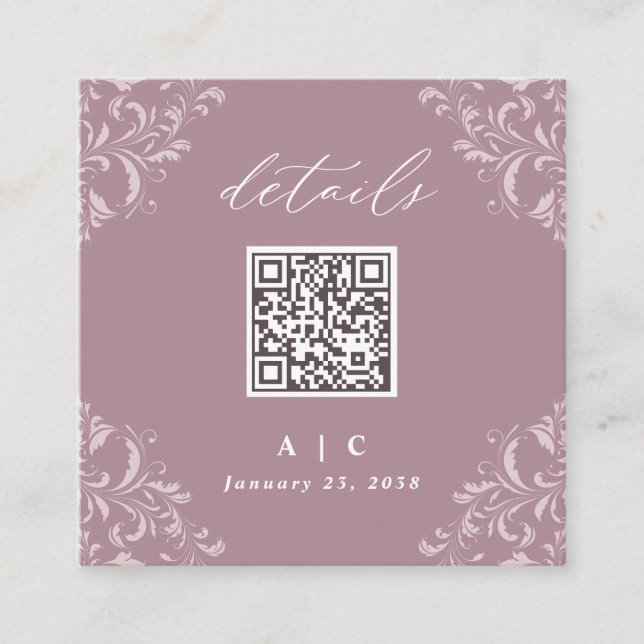 Eleganter Mauve QR Code Hochzeit Details zum klein Begleitkarte (Vorderseite)