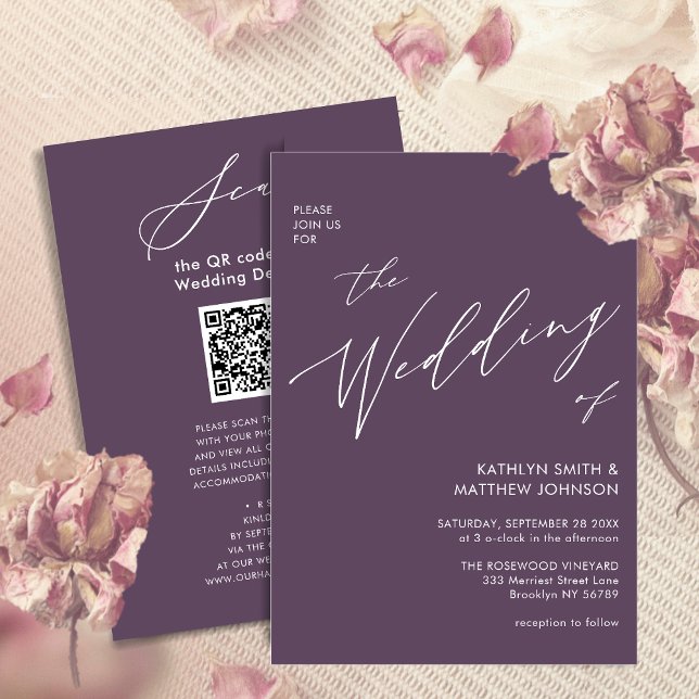Eleganter Mauve QR Code in einer modernen Hochzeit Einladung (Von Creator hochgeladen)