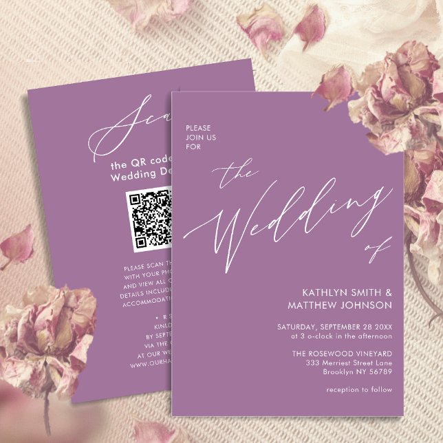 Eleganter Mauve QR Code in einer modernen Hochzeit Einladung (Von Creator hochgeladen)